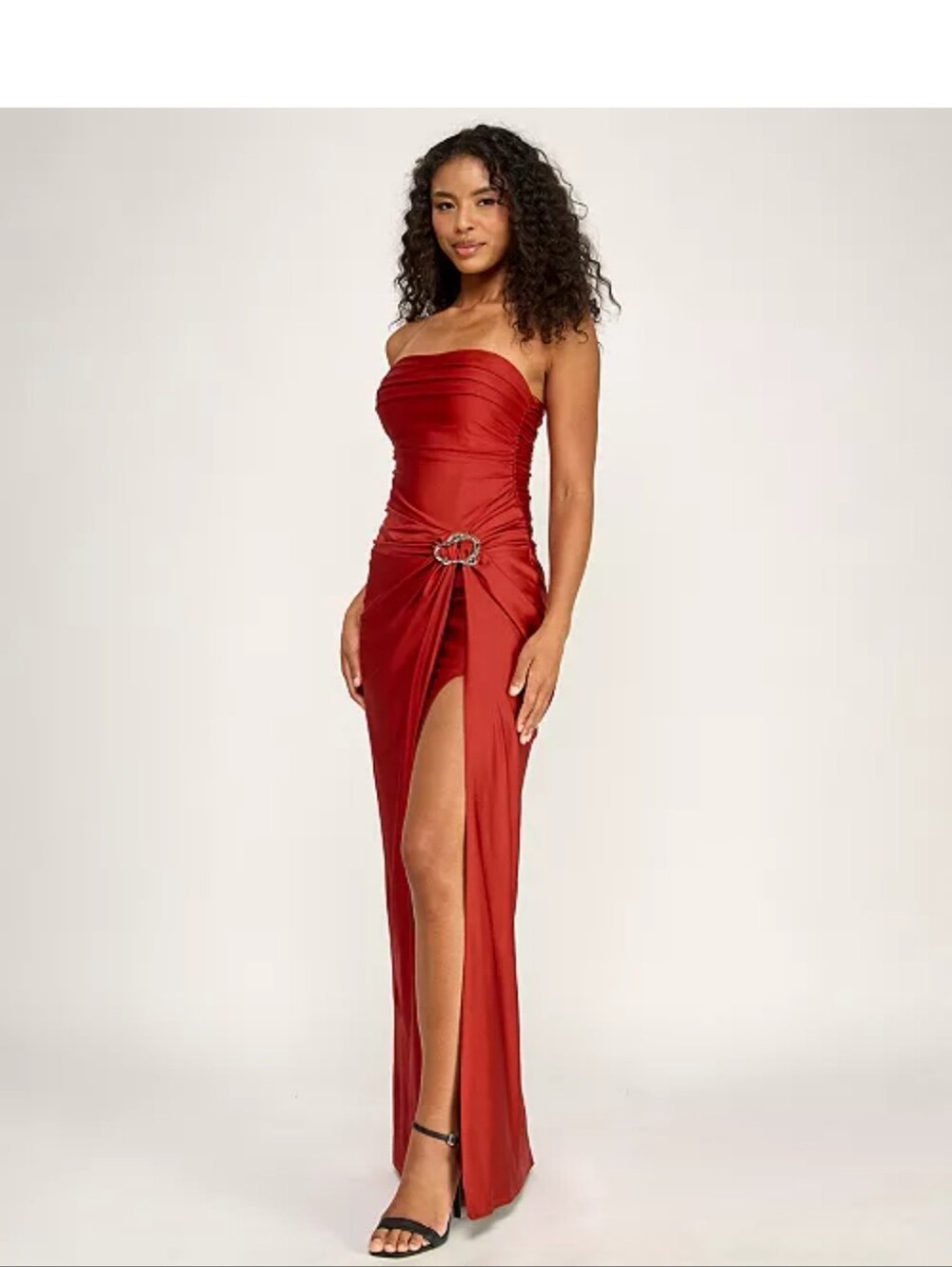 Strapless Red Ruched Evening Gown